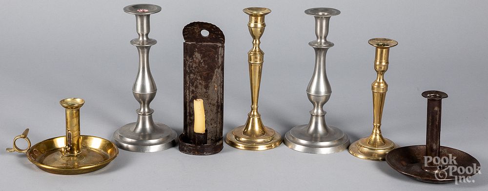 Appraisal: Lighting to include brass and pewter candlestick Lighting to include