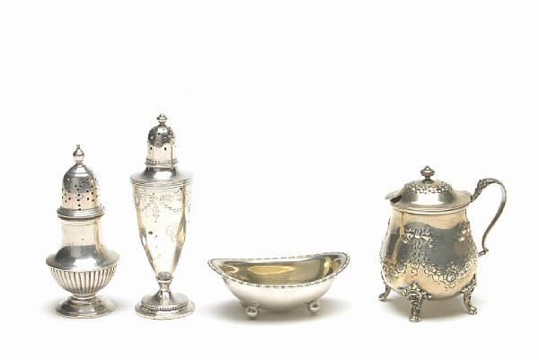 Appraisal: A group of sterling condiment vessels Comprising floral chased mustard