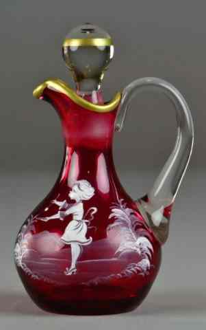 Appraisal: Mary Gregory Cranberry Glass CruetEnameled to depict a little girl