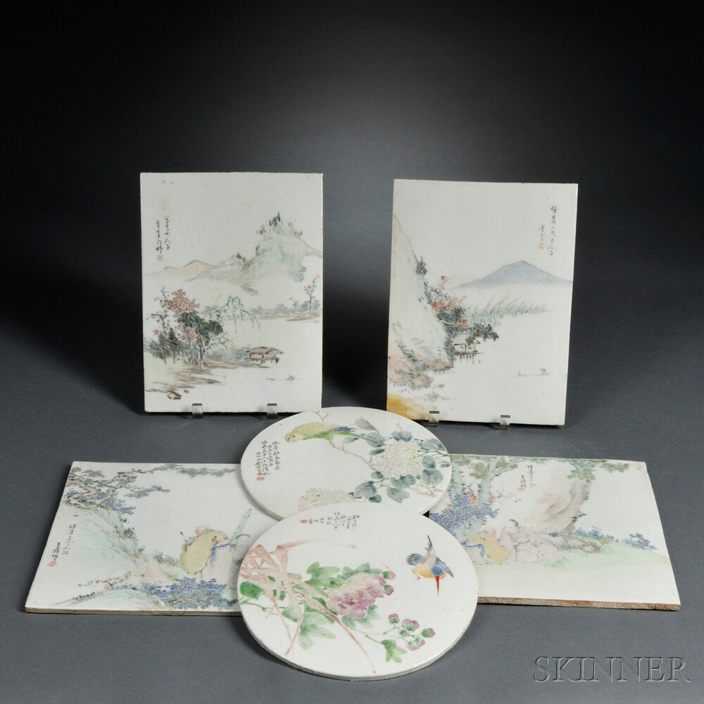 Appraisal: Six Painted Porcelain Plaques China th century two landscapes x