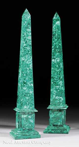 Appraisal: A Pair of Neoclassical-Style Malachite Obelisks on square plinth height