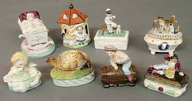 Appraisal: Group of th c Staffordshire covered boxes- cottage h x