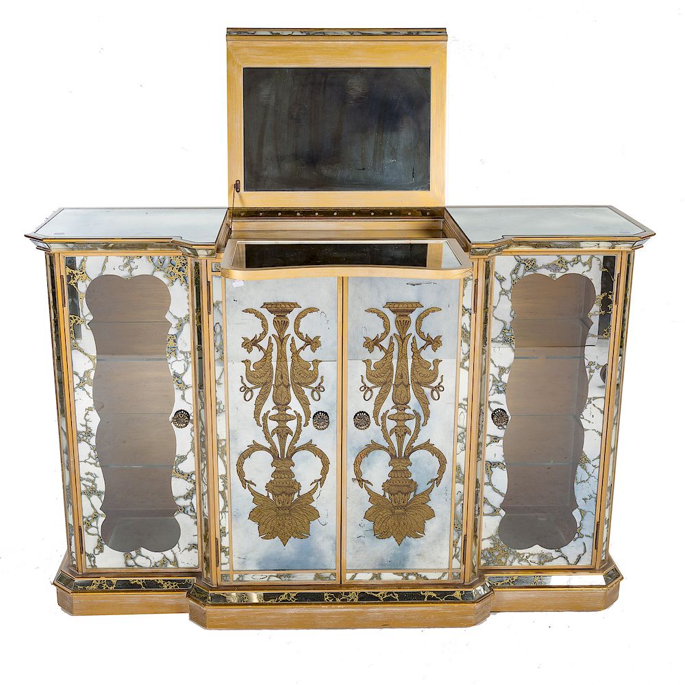 Appraisal: French mirrored eglomise dry bar cabinet circa mirrored breakfront top