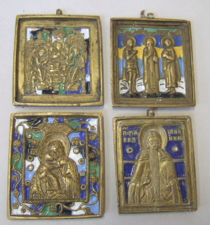 Appraisal: Four small square brass enamel decorated Russian Icons th century