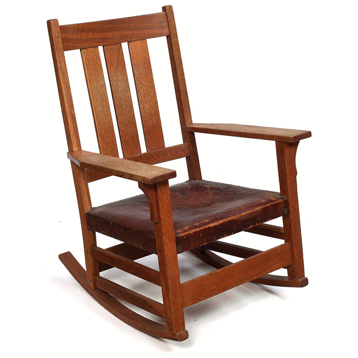 Appraisal: Gustav Stickley rocker three vertical slats to back over an