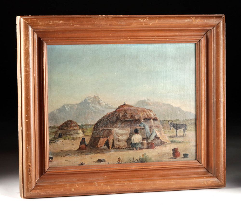 Appraisal: Framed Painting of West w Wickiups Figures - 's Originally