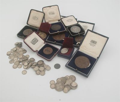 Appraisal: Nine various bronze and silver medals in fitted cases or