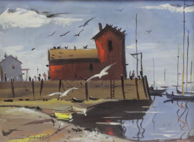 Appraisal: SCHEFFEL Herbert Gouache on Paper Harbour SceneSigned 'Howard Scheffel' lower