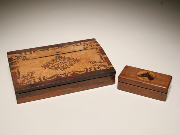 Appraisal: One inlaid slant front lap desk and one marquetry humidor