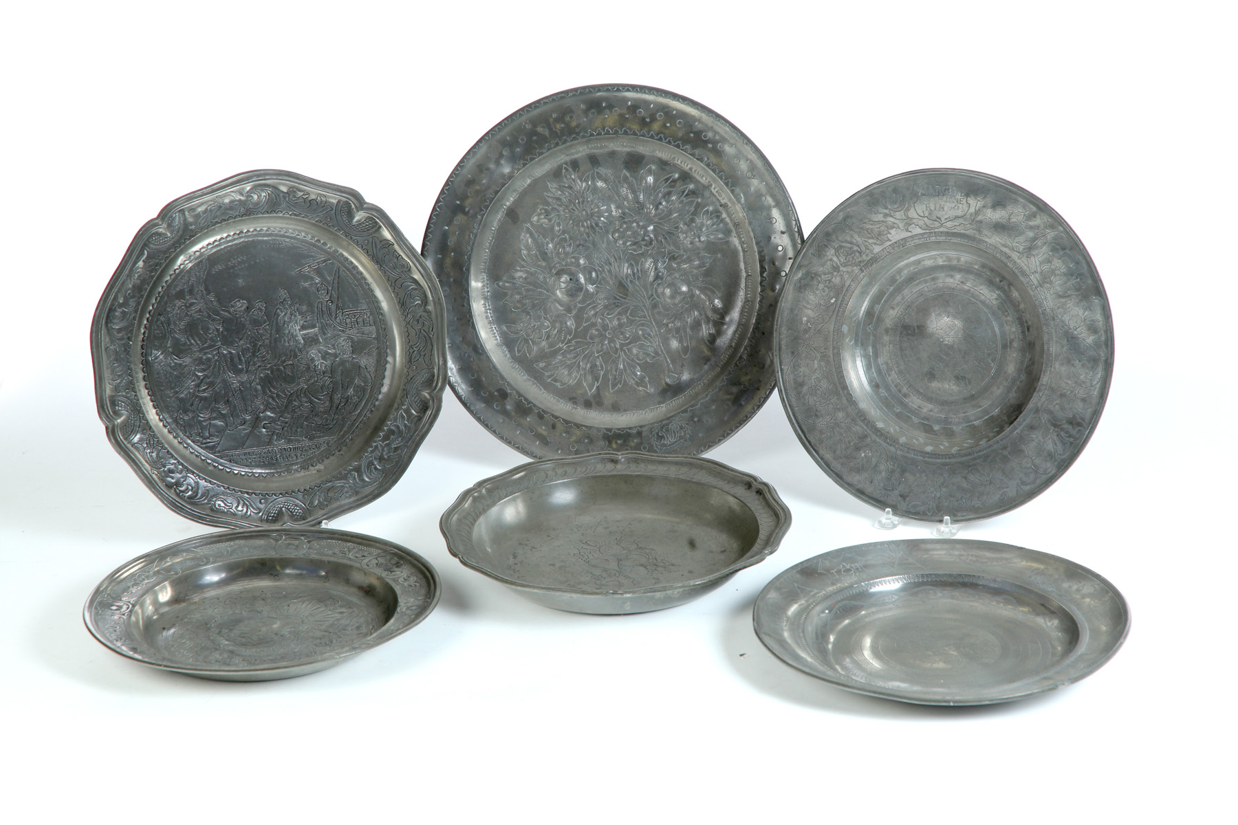 Appraisal: SIX CONTINENTAL PEWTER CHARGERS Eighteenth- th century All have some