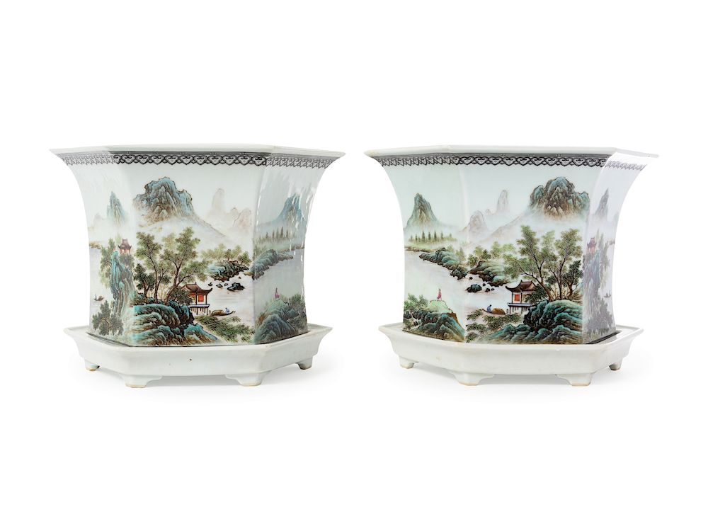 Appraisal: A Pair of Chinese Qianjiang Porcelain Cachepots and Undertrays Height