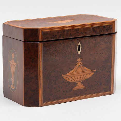 Appraisal: GEORGE III INLAID BURLWOOD TEA CADDY x x in Provenance