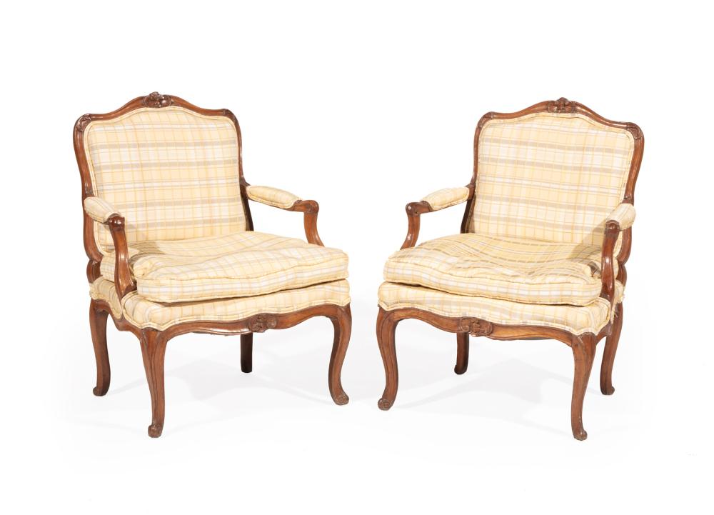 Appraisal: Pair of Louis XV Carved Oak Fauteuils th c incised