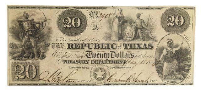 Appraisal: Republic of Texas currency Twenty Dollars dated January signed by