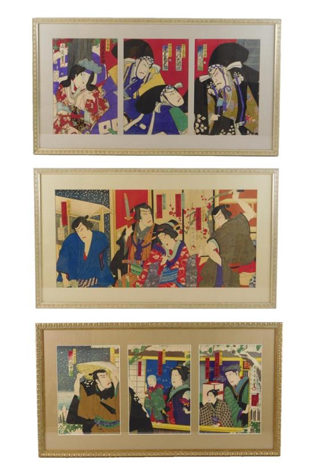 Appraisal: ASIAN Toyohara Chikanobu Japanese - three framed Japanese woodblock triptychs