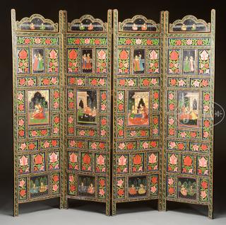 Appraisal: FOUR PANEL DOUBLE-SIDED PAINTED SCREEN th th century India With