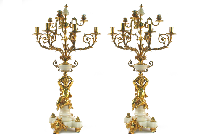 Appraisal: SUPERB PAIR FRENCH GILT BRONZE AND MARBLE CANDELABRA Winged cherubs