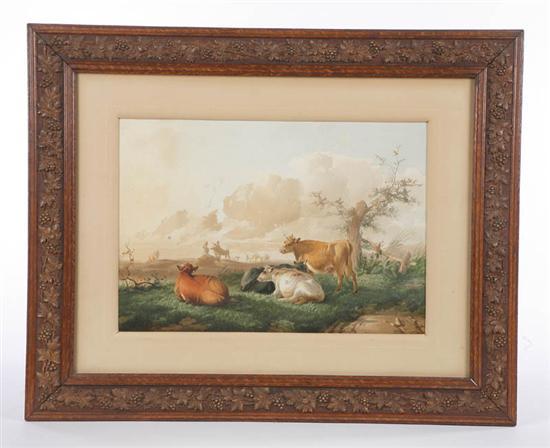 Appraisal: FRAMED WATERCOLOR Cows relaxing in a pasture h w In