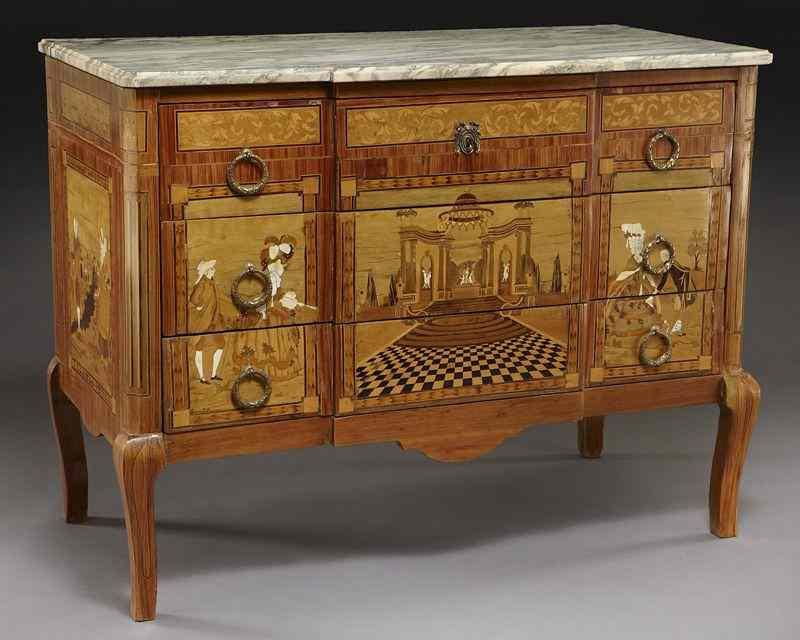 Appraisal: Louis XV XVI style ivory marquetry inlaid commodeattributed to Louis