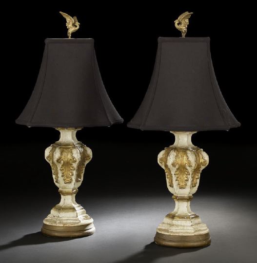 Appraisal: Pair of Italian White-Painted and Parcel-Gilt Wooden Pricket Candlesticks in