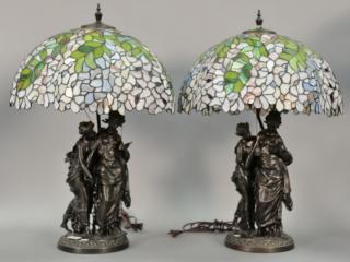 Appraisal: Pair of figural lamps with Tiffany style leaded glass shades