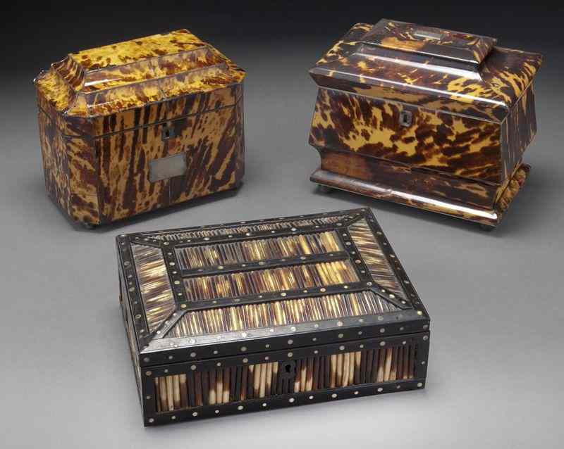 Appraisal: English boxes incl Georgian tortoiseshell tea caddies larger ''H x