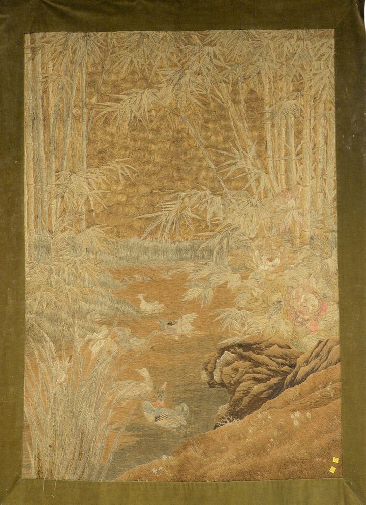 Appraisal: Large silk and gold thread embroidered wall hanging having landscape