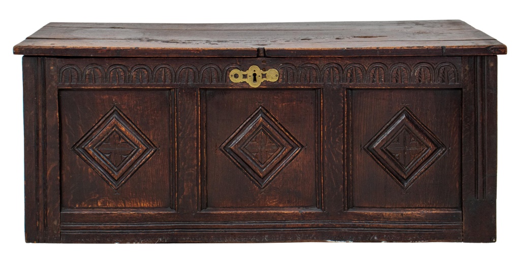 Appraisal: FRENCH BRITTANY CARVED OAK TRUNK CHEST TH C French Brittany