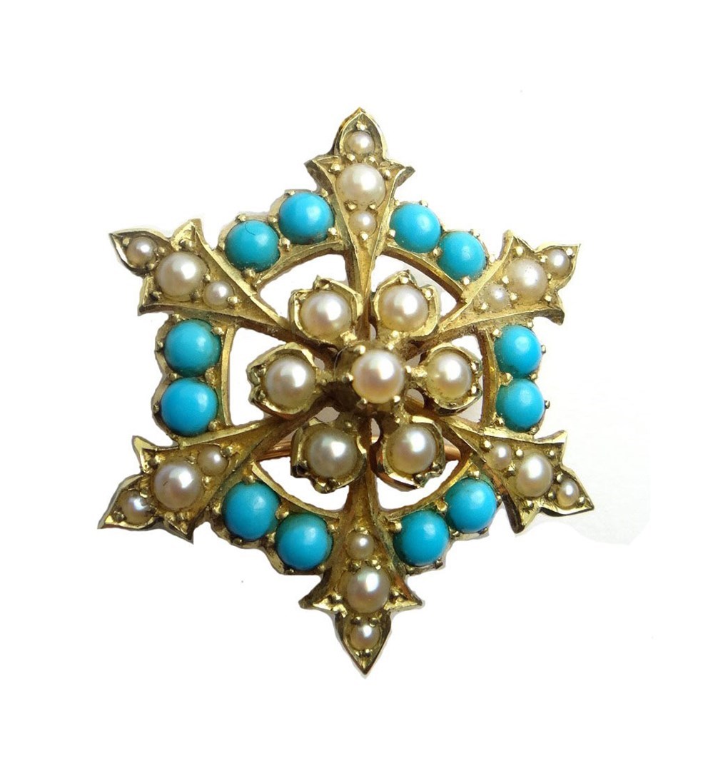 Appraisal: A gold turquoise and seed pearl set pendant brooch in