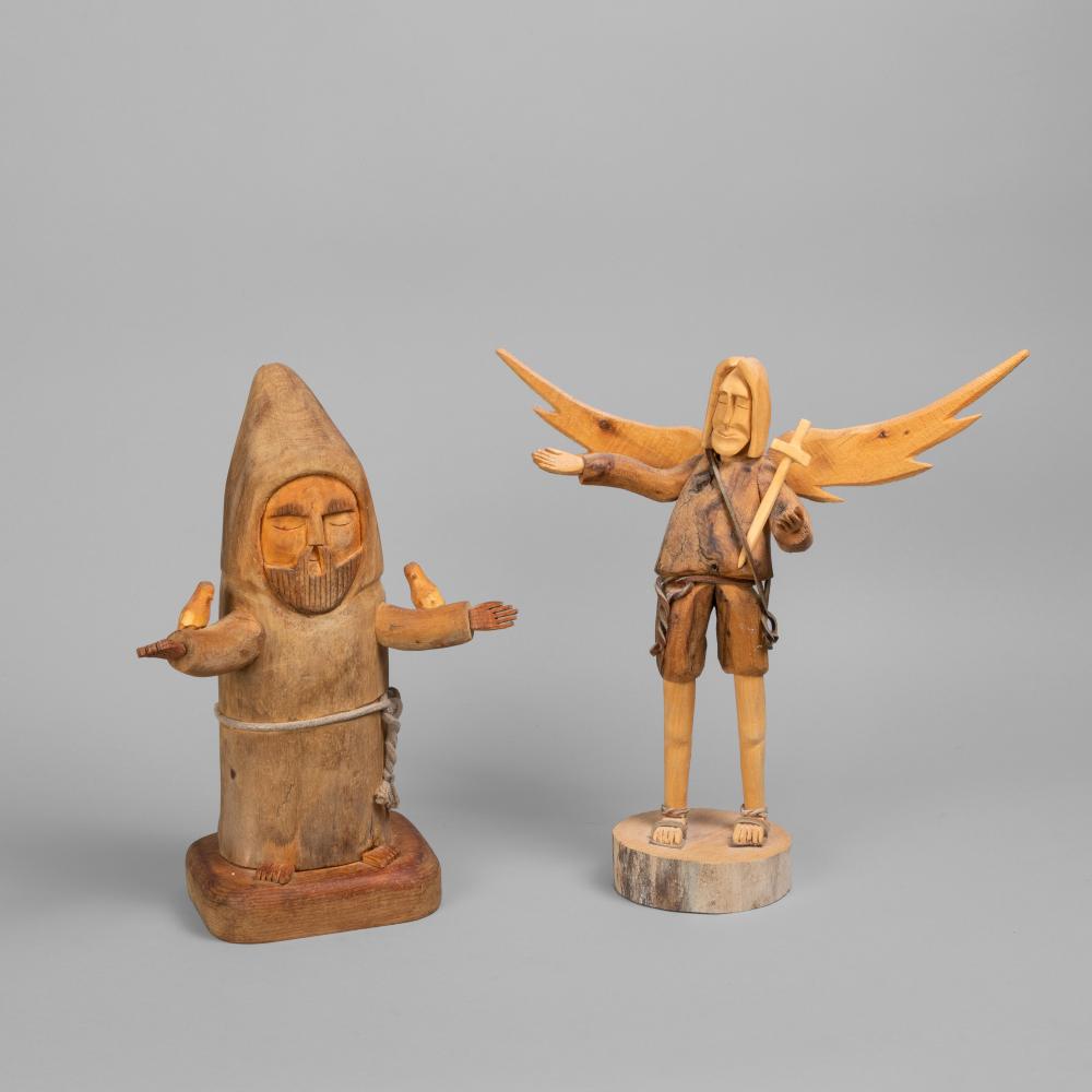 Appraisal: ORTEGA BEN PAIR OF FOLK SCULPTURES SAINT FRANCIS WOODEN ANGEL