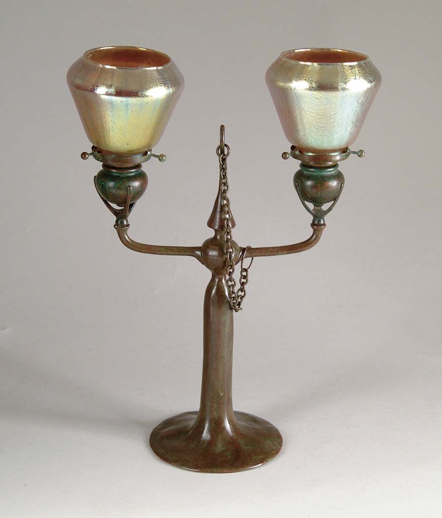 Appraisal: TIFFANY DOUBLE CANDLEHOLDER Outstanding Tiffany double candlestick has simple organic