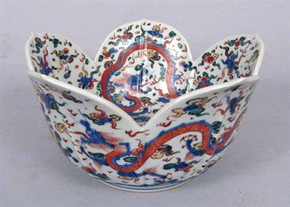 Appraisal: Chinese wucai enamel lotus form bowl wanli mark late qing