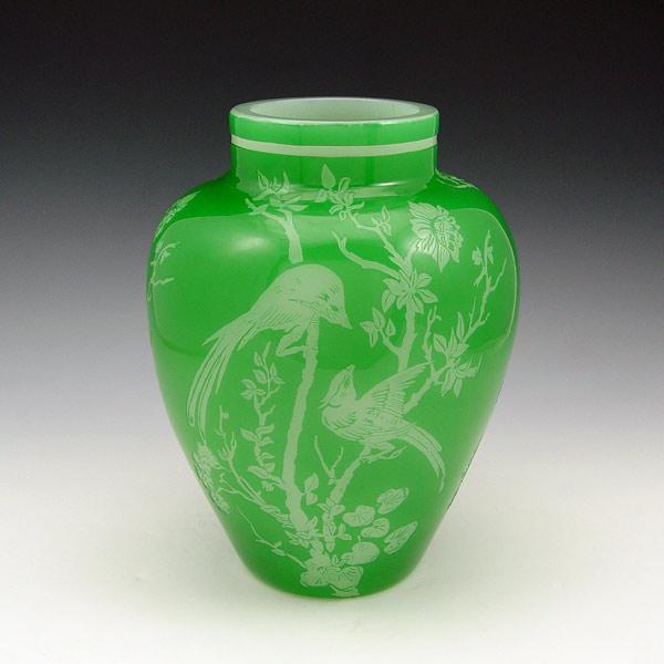 Appraisal: STEUBEN ETCHED JADE OVER ALABASTER ART GLASS VASE Shape ''