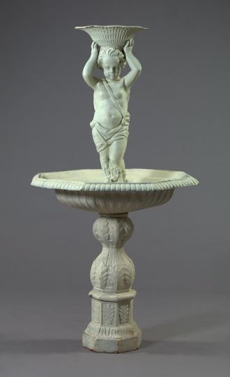 Appraisal: Late Victorian-Style Polychromed Cast-Iron Two-Tier Garden Fountain featuring a winged