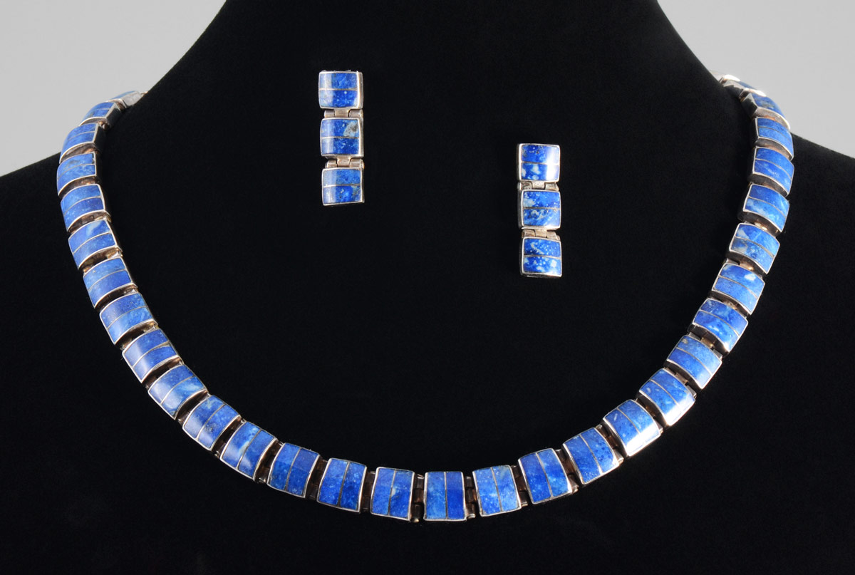 Appraisal: STERLING SILVER AND LAPIS LAZULI NECKLACE AND EARRINGS Crafted in