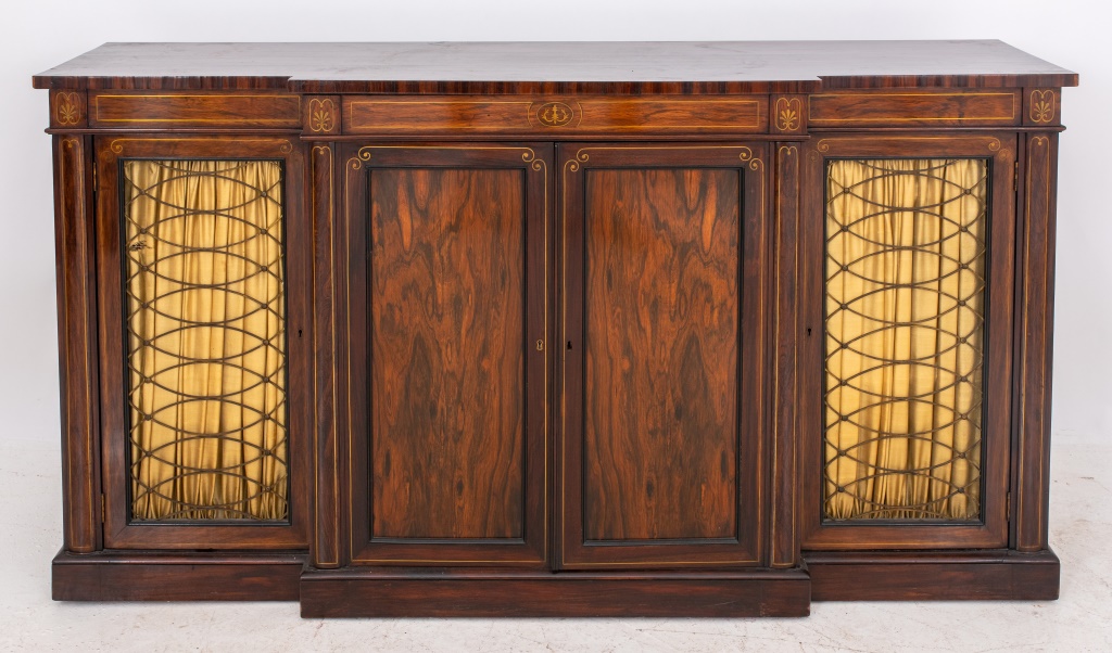 Appraisal: LATE REGENCY BRASS-INLAID ROSEWOOD SIDEBOARD English Regency brass-Inlaid rosewood sideboard