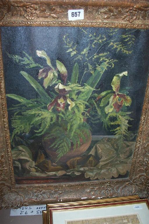 Appraisal: An oil painting on canvas still life with orchids and