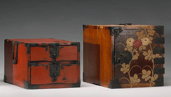 Appraisal: Two lacquered wood boxes The first with a hinged door