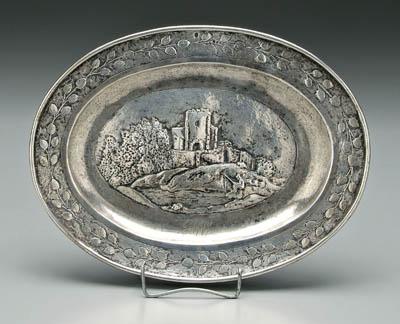 Appraisal: Continental silver tray oval with leaf border castle and fisherman