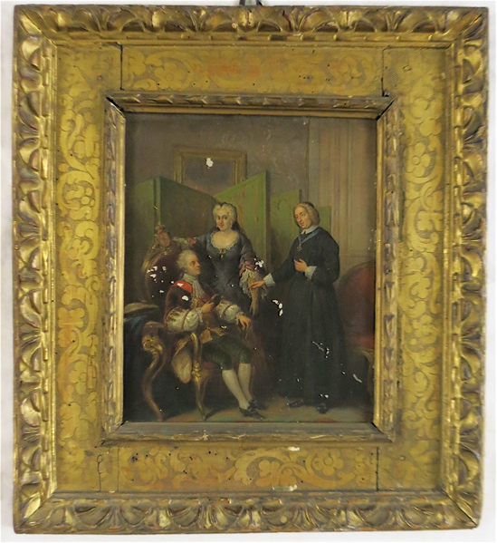 Appraisal: FRENCH MONARCH OIL ON TIN an interior scene Image measures