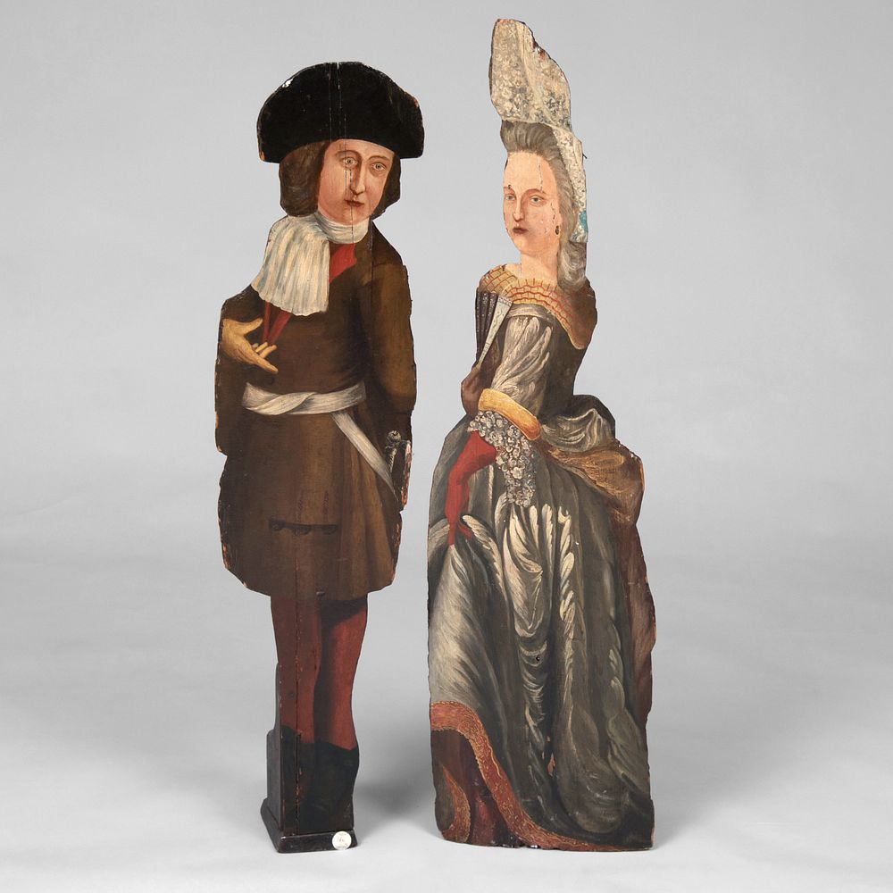 Appraisal: Two Continental Painted Dummy Boards Depicting husband and wife The