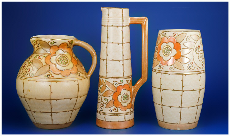 Appraisal: Bursley Ware Charlotte Rhead Vases and Jugs Circa 'Trellis' design