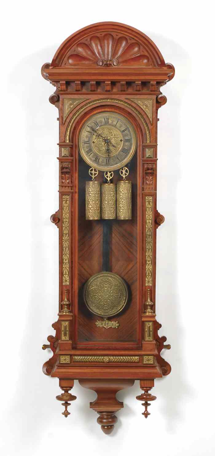 Appraisal: THREE-WEIGHT REGULATOR WALL CLOCK German c with matching brass repousse