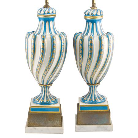 Appraisal: Pair of Blue and Gilt Decorated Porcelain Lamps Estimate -