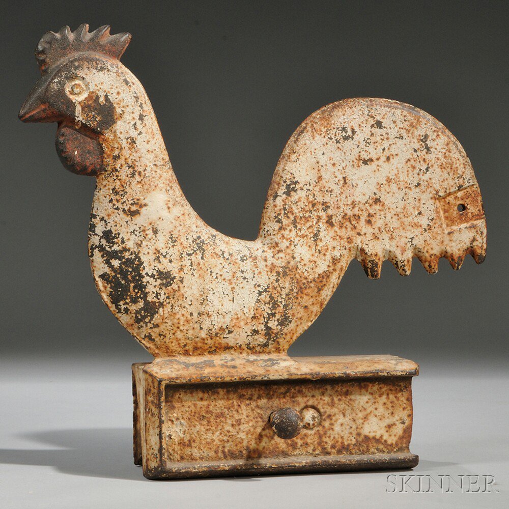 Appraisal: White-painted Cast Iron Rooster-form Windmill Weight America late th century