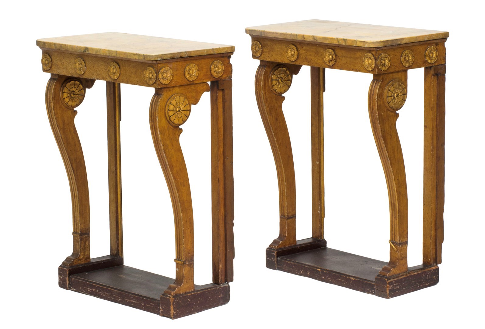 Appraisal: A pair of Regency design marble top console tables on