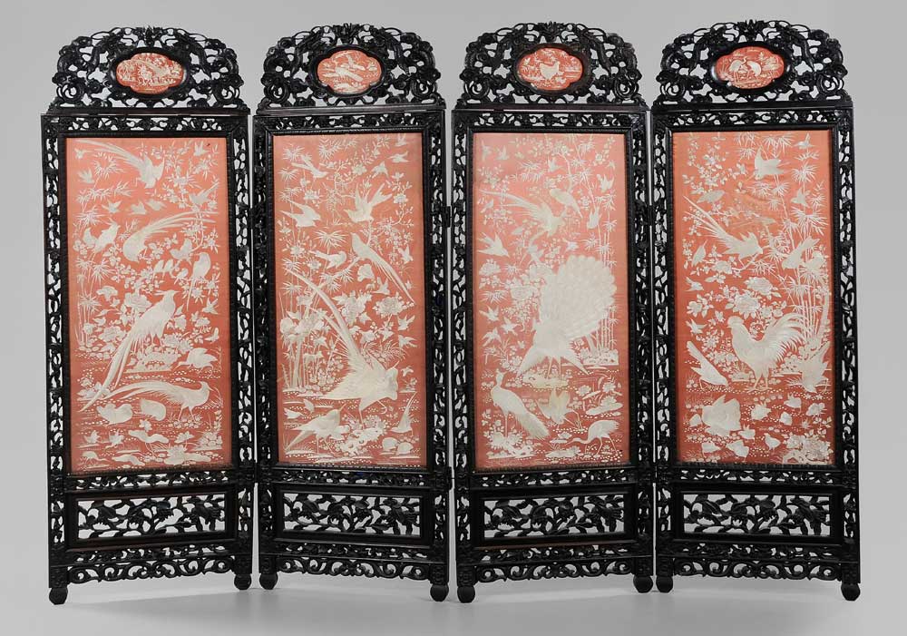 Appraisal: Four-Panel Embroidered Screen Chinese carved mahogany frames with reticulated grapevine