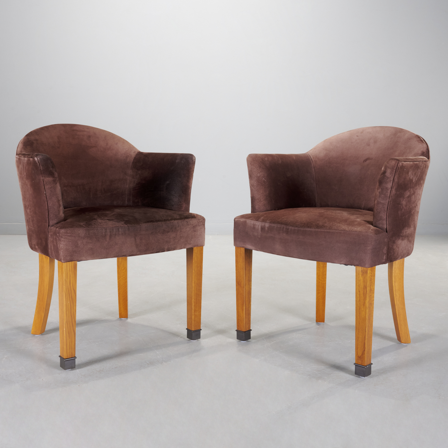 Appraisal: PAIR ART DECO STYLE SUEDE AND OAK TUB CHAIRS th