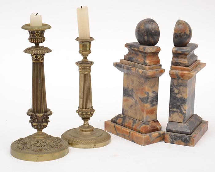 Appraisal: TWO SIMILAR BRASS CANDLE HOLDERS AND A PAIR OF MARBLE