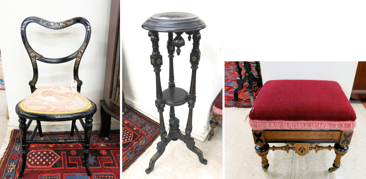 Appraisal: THREE SMALL ARTICLES OF VICTORIAN FURNITURE Louis XVI style ebonized